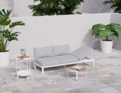 LEVEL Fino Outdoor 3 Seater Sun Lounge In Matt White Frame / Light Grey Fabric -Level Furniture Outlet Store 3 seater white with accessories