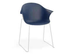 LEVEL Pebble Armchair Navy Blue With Shell Seat - Sled Base With White Legs