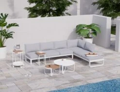 LEVEL Fino Config E - Outdoor Modular Sofa In Matt White Aluminium With Light Grey Cushions -Level Furniture Outlet Store combo E white with accessories