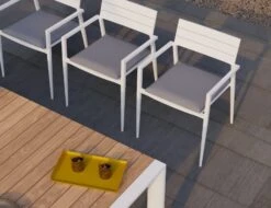 LEVEL Halki Chair - Outdoor - White - With Dark Grey Cushion -Level Furniture Outlet Store halki chair lifestyle 66bd302c 0012 4048 8ddc 3cf3fd178115